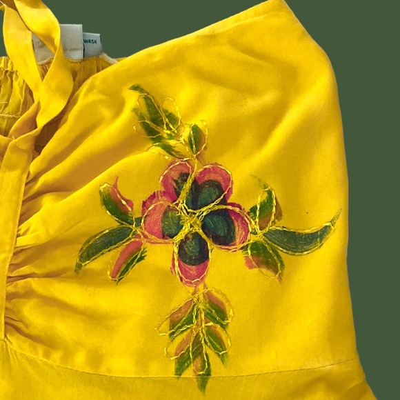 VENICE BLUE Bright Yellow Strapless Halter Dress with Floral & Embroidery, OS. - Picture 6 of 16